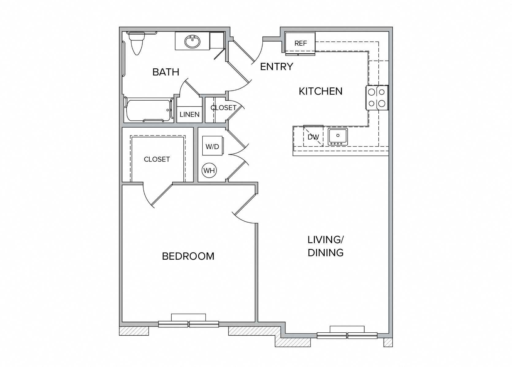 Floor plan for 1 bed, 1 bath, 881 sqft